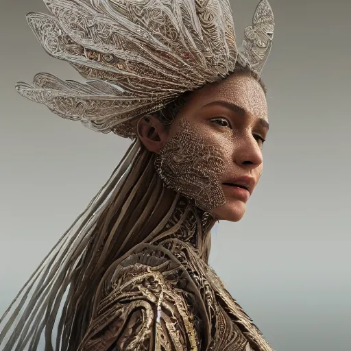 Image similar to a regal brown woman wearing an intricate and detailed armor made of ocean waves. layers. textures. delicate. elaborate. translucent. soft. ethereal. fragile. vulnerable. studio portrait. photorealistic. octane render