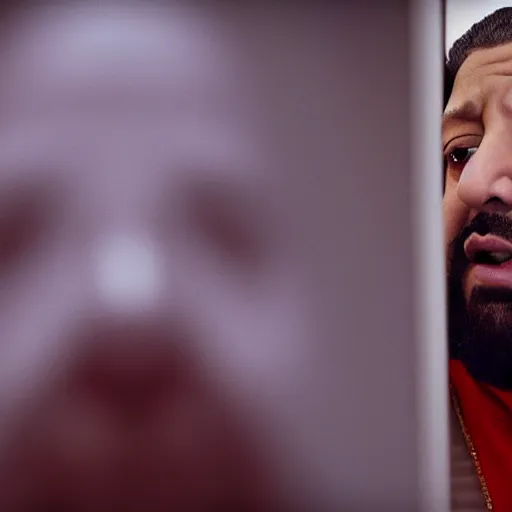 Image similar to a cinematic film still of DJ Khaled starring in The Shining, portrait, 40mm lens, shallow depth of field, close up, split lighting, cinematic