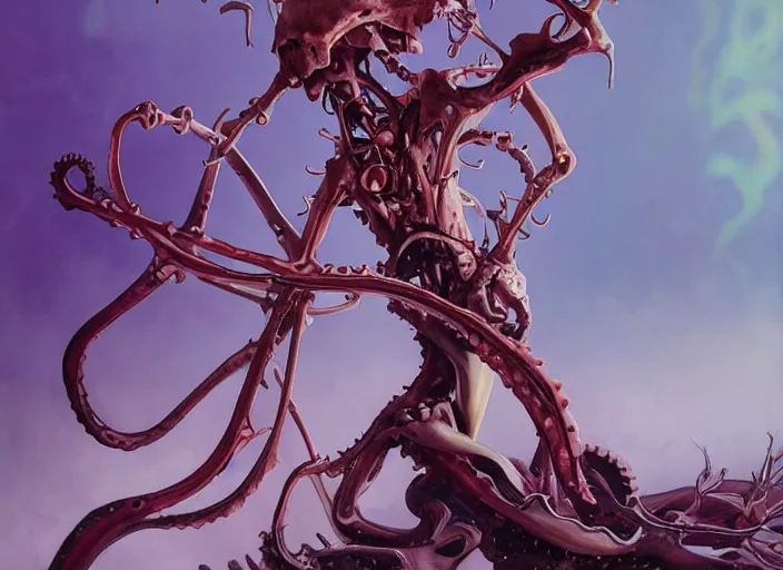 Image similar to eva evangelion in despair, tentacles, biomechanical, exposed bones, antlers, concept art, artstation, 4k, detailed, dramatic lighting, afternoon sun, purple liquid, alphonse mucha, syd mead, mohrbacher, tarot card, painting, artgerm, Hiroshi Yoshida, alex ross