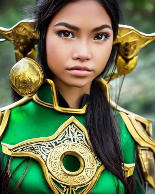 Image similar to a beautiful close up photo of a Filipina female elf ranger with long hair and green eyes, no helmet, wearing green and gold futuristic mecha armor, with ornate rune carvings and glowing lining, very detailed, shot in canon 50mm f/1.2