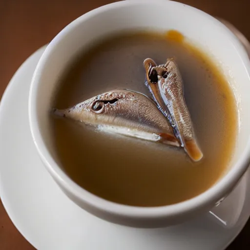 Prompt: anchovies soaking in a white porcelain cup of milk tea, macro restaurant photo