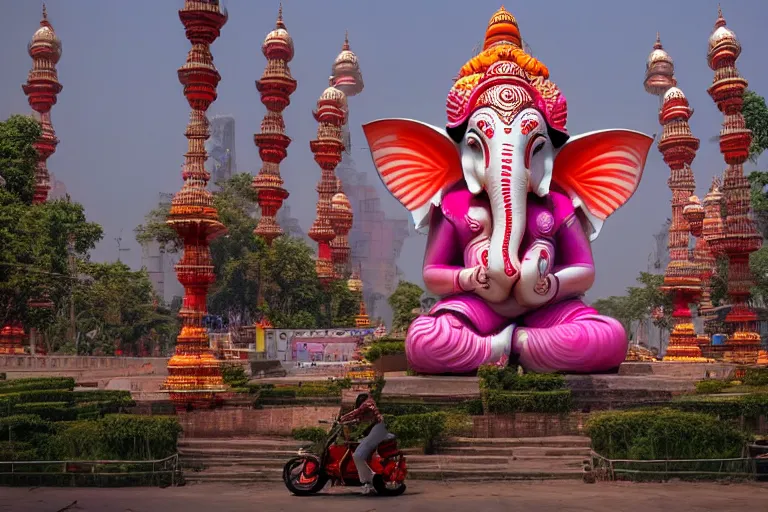 Image similar to beautiful futuristic new delhi, sharp sci - fi ganesha!! building, kalighat flowers, highly detailed, stephen shore & john j. park, cinematic morning light, wide shot, ground angle, uhd 8 k, sharp focus