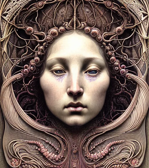 Image similar to detailed realistic beautiful polychromatic goddess face portrait by jean delville, gustave dore, iris van herpen and marco mazzoni, art forms of nature by ernst haeckel, art nouveau, symbolist, visionary, gothic, neo - gothic, pre - raphaelite, fractal lace, intricate alien botanicals, biodiversity, surreality, hyperdetailed ultrasharp octane render