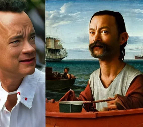 Image similar to Tom hanks as forrest gump fishing for shrimp in a giant shrimp boat, realistic face, renaissance painting, amazing detail