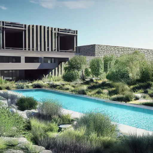 Image similar to architectural rendering of brutalism habitat 6 7 in the desert, biophilia style, pool, garden