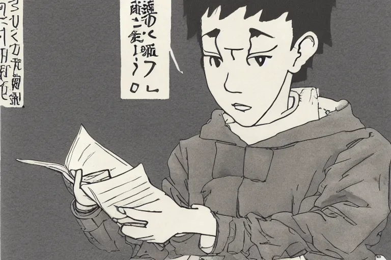 Prompt: a student reading all the human knowledge made to date with papers going towards the horizon, katsuhiro otomo