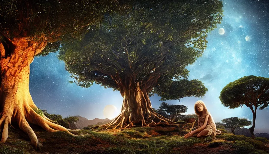 Image similar to very very small goat, sitting on a gigantic banyan tree in moonlit socotra island by ilya kuvshinov, starry night, rtx rendering, octane render 1 2 8 k, maya, extreme high intricate details by tom bagshaw, medium shot, close up shot, composition by sana takeda, lighting by greg rutkowski, stranger things