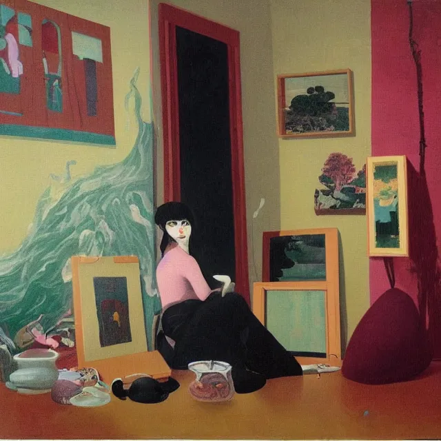 Image similar to female emo art student in her apartment, painting of flood waters inside an artist's feminine bedroom, a river flooding indoors, pomegranates, pigs, ikebana, water, octopus, river, rapids, waterfall, black swans, canoe, berries, zen, acrylic on canvas, surrealist, by magritte and monet