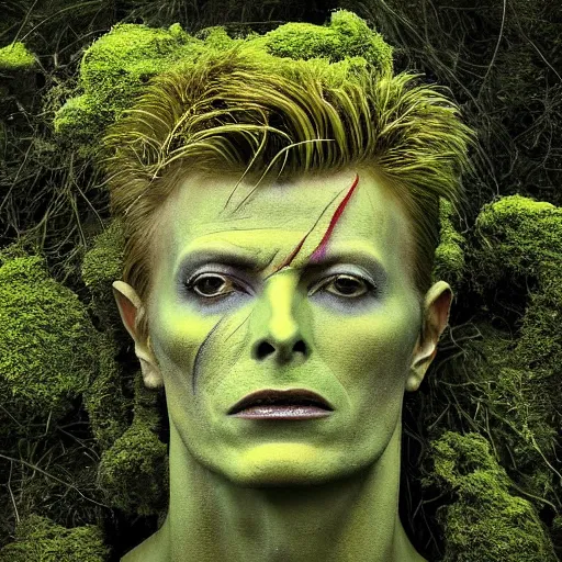 Prompt: Award-winning photograph by Mar Mann. The photo depicts a gigantic decaying roman bust of David Bowie overgrown with moss at the middle of a rainforest. Minimalism, high definition, perfect composition. Very dark. Volumetric Lighting. Darkness. Ruins