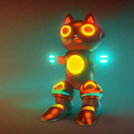 Prompt: Kitty Bot, 3D character, very colourful, cinematic lighting, soft neon, octane render, trending on Artstation