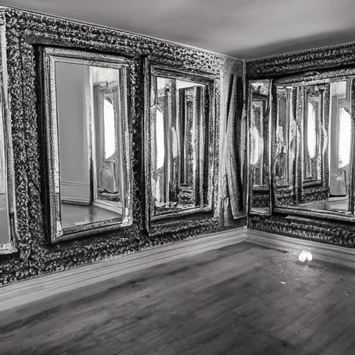 Image similar to a mirror room, full of mirrors, dark, small glimpse of a moon light