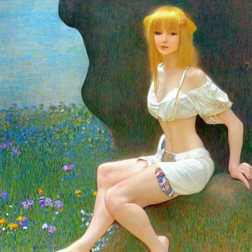 Image similar to A young woman with blonde long hair and bangs in shorts and white shirt drawn by Donato Giancola and Robert McGinnis and Julie Bell and Zeronis and alphonse mucha, background by James Jean and gustav klimt, 4k, sunny day, volumetric lighting, french nouveau, trending on artstation, octane render, hyperrealistic