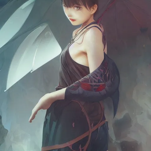 Prompt: demonic evil seductive fourteen year old japanese girl, tomboy, evil smile, freckles!!!, fully clothed, highly detailed, digital painting, artstation, concept art, sharp focus, illustration, cinematic lighting, art by artgerm and greg rutkowski and alphonse mucha