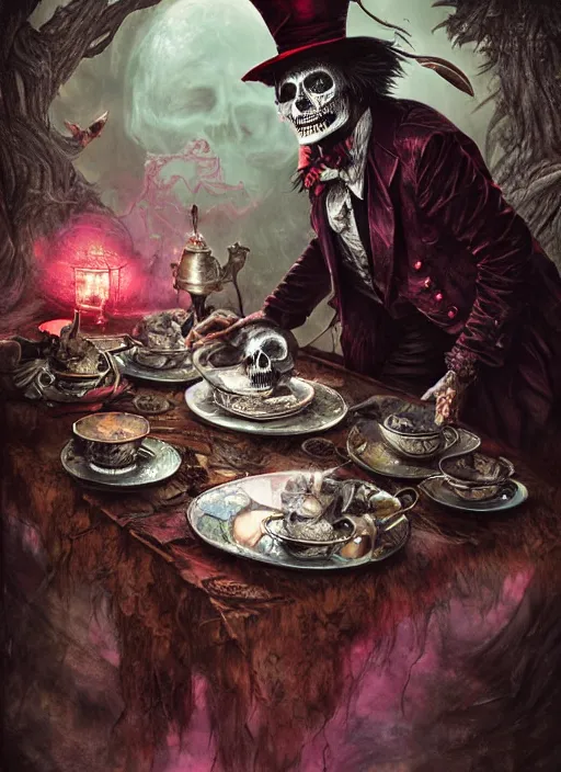 Prompt: Mad Hatter on a tea party,Death Tarot card,highly detailed,half skull face,cinematic,8k,by Stanley Artgermm,Tom Bagshaw,Greg Rutkowski,Carne Griffiths, Ayami Kojima, Beksinski, Giger,trending on DeviantArt,hyper detailed,horror, full of colour