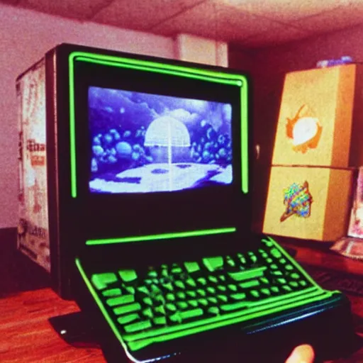 Image similar to photo of playing a computer game on an old black and green screen monitor in 1 9 8 5, ultima 4 adventure game, the room is dark and wide, cans of soda and cupcake packages scattered, atari joystick