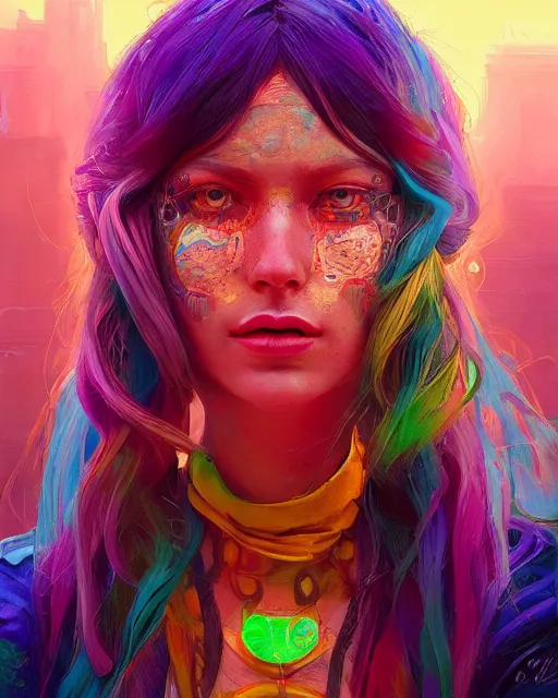 Image similar to colorful character portrait of a female hippie, set in the future 2 1 5 0 | highly detailed face | very intricate | symmetrical | cinematic lighting | award - winning | painted by mandy jurgens | pan futurism, dystopian, bold colors, cyberpunk, groovy vibe, anime aesthestic | featured on artstation