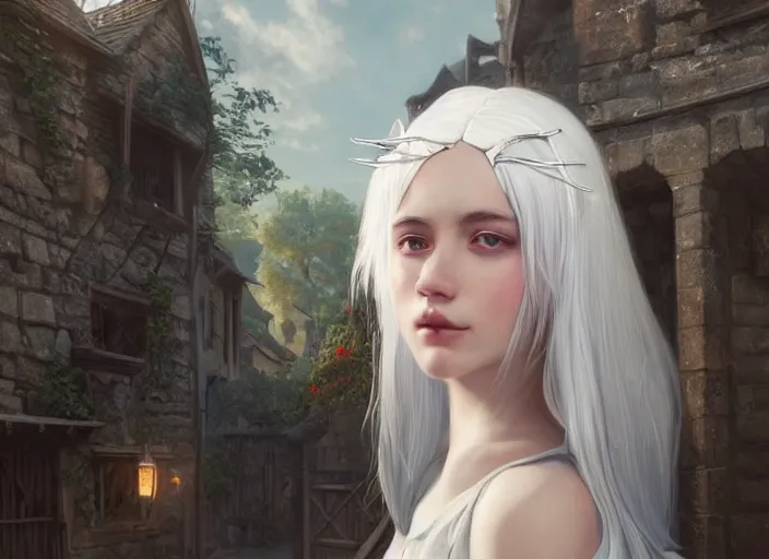 Prompt: a white haired girl with cat ears in a medieval village, large cat ears, detailed realistic face, detailed shirt, digital art, by charlie bowater, by jeremy lipking, by makoto shinkai, digital art, octane render