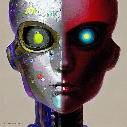 Image similar to a simple concept art portrait of a robot. an award winning yoshitaka amano digital art poster color painting. a masterpiece by james gurney. poster colour on canvas.