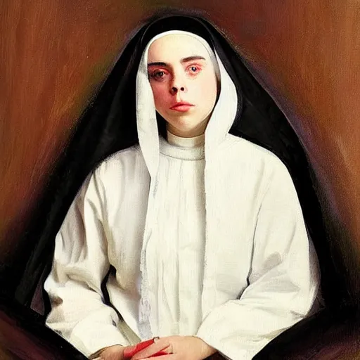 Image similar to Billie Eilish as a nun, painted by Robert Henri