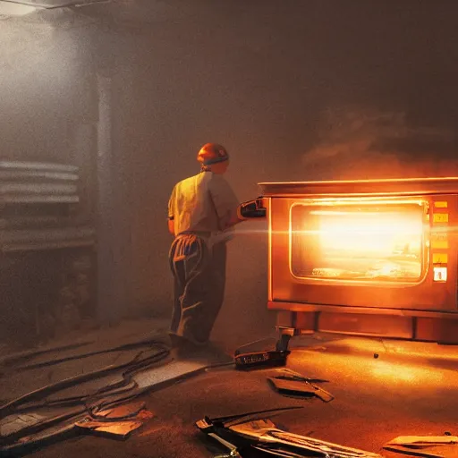 Image similar to cyborg toaster oven repairman, dark messy smoke - filled cluttered workshop, dark, dramatic lighting, orange tint, sparks, plasma rays, cinematic, highly detailed, sci - fi, futuristic, movie still, rule of thirds composition