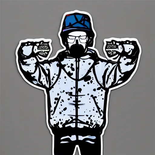 Image similar to die cut sticker, walter white breakdancing in techwear splatter paint