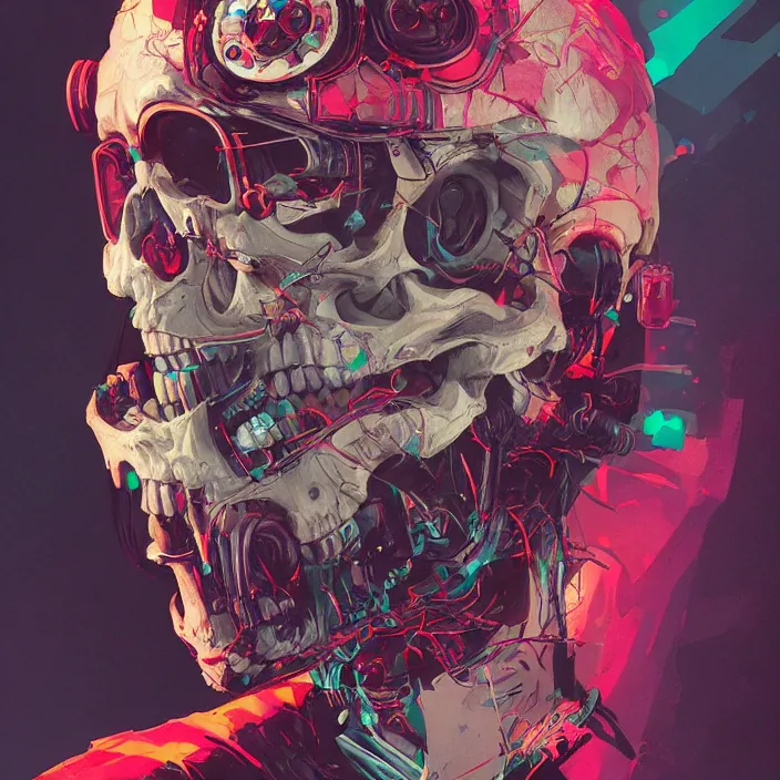 Image similar to a beautiful painting of a cyberpunk skull by pascal blanche and sachin teng and julian calle and nekro. in style of colorful comic noir illustration, symmetry, sci fi, hyper detailed. octane render. trending on artstation