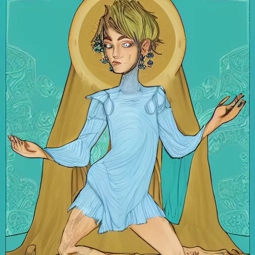 Image similar to digital art of a satyr woman with tan skin tone and short white hair, wearing blue clothes and a blue cloak, summoning turquoise magic