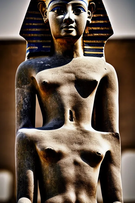 Image similar to photo of the ancient egyptian statue of biker, symmetrical, cinematic, real dlsr photography, sharp focus, 4 k, ultra hd, sense of awe, archeology journal cover