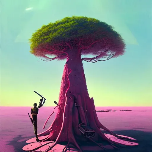 Image similar to a zulu cyberpunk hunter with a drone near a pink lake witha a baobab tree by greg rutkowski and android jones in a surreal portrait style, oil on canvas, 8k resolution.