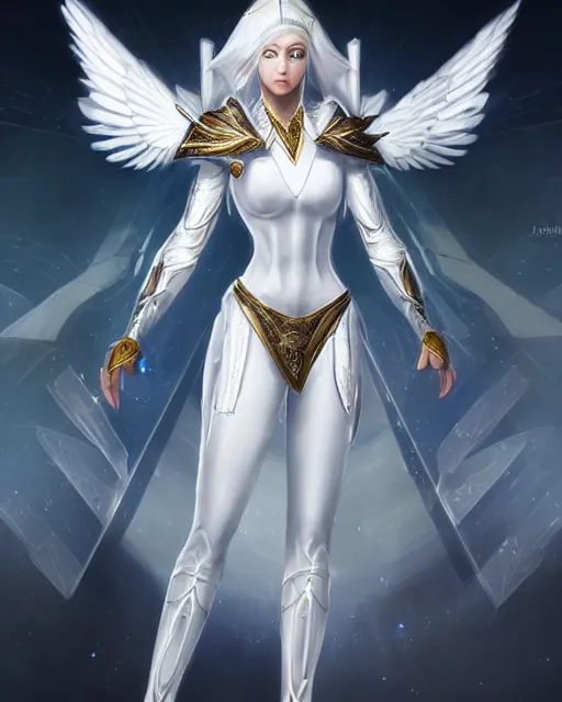 Prompt: perfect white haired egyptian goddess wearing white dove wings, warframe armor, regal, attractive, ornate, beautiful, dreamy, half asian, pretty face, blue eyes, detailed, scifi platform, 4 k, ultra realistic, epic lighting, android body, illuminated, cinematic, masterpiece, art by akihito tsukushi, voidstar, artgerm