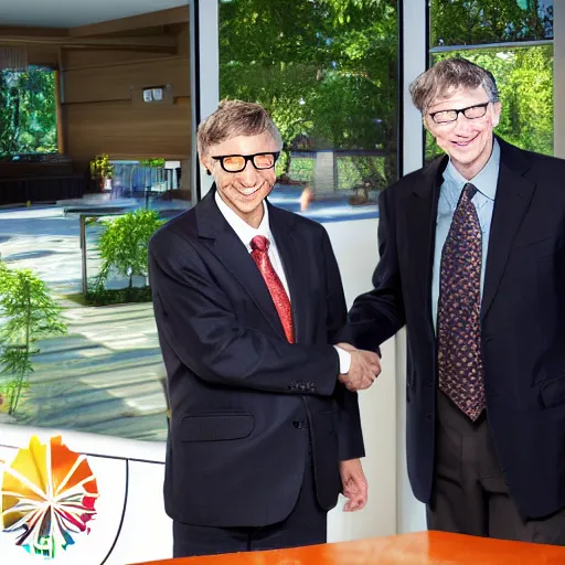 Image similar to bill gates invested in marijuana drug buisness, bill gates shaking hands with marijuana drug lord, real event, historical event, realistic, hdr, clear image, hdd, dynamic lighting,