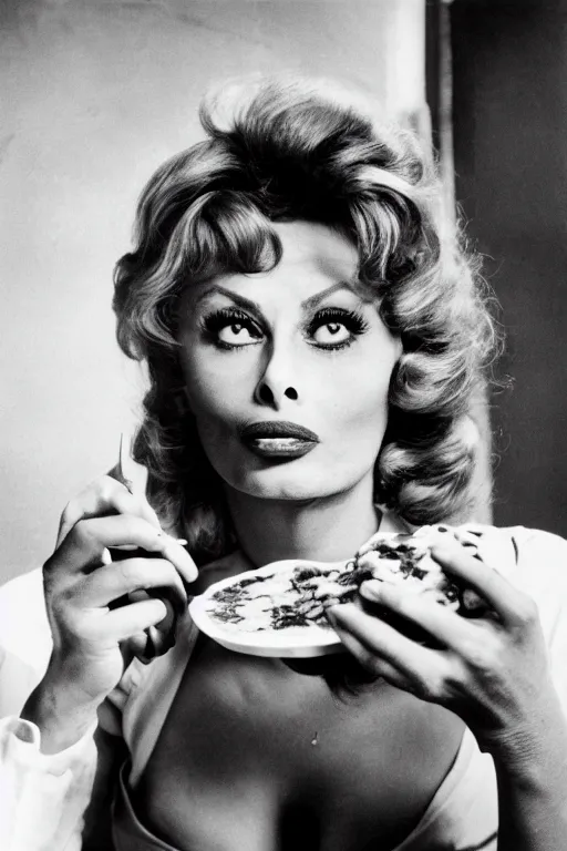 Prompt: professional studio photo of sophia loren eating!!! a pizza! margherita, closeup, portrait photo, diffuse light, black and white photo, 5 0 mm, soft focus, acclaimed, masterpiece