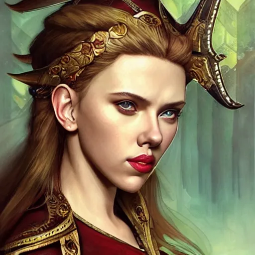 Image similar to Scarlett Johansson as a elf archer, cute, fantasy, intricate, elegant, highly detailed, centered, digital painting, artstation, concept art, smooth, sharp focus, illustration, art by artgerm and H R Giger and alphonse mucha