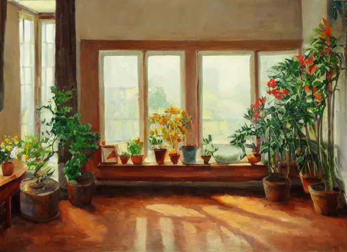 Prompt: a warm painting of a room interior, calm, relaxing, cosy, warm light, warm color scheme, houseplants, fresh flowers, oil on canvas