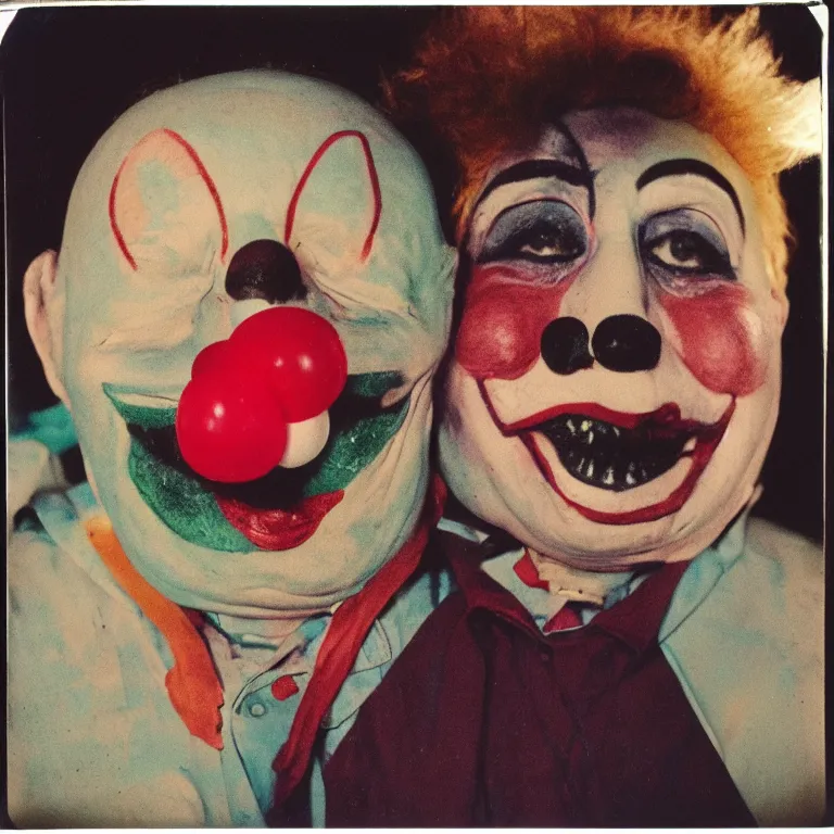 Prompt: color photo of a creepy birthday clown, weathered polaroid, circa 1 9 8 6, technicolor, archival quality image, photograph scanned by