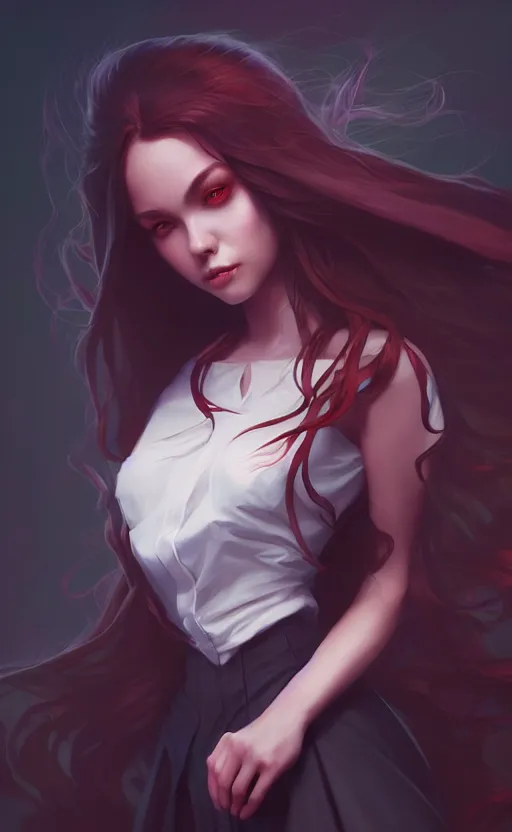 Image similar to portrait of a beautiful woman, dark magic school student uniform, flowy hair, cinematic lighting, highly detailed, digital painting, trending on artstation, pixiv, concept art, sharp focus, illustration, art by ross tran and wlop