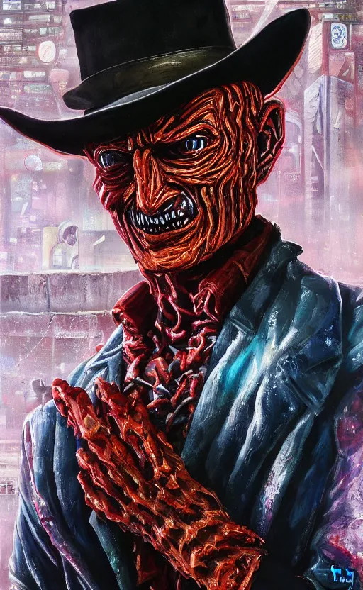 Image similar to a vigorous and limber photorealistic painting of a simple, conversational, cyberpunk, deeply and exquisite freddy krueger in london, by tim white. tibetan paintings. photorealistic. trending on artstation. photorealistic. unreal engine