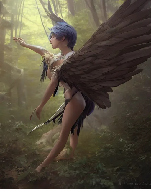 Prompt: a female anthropomorphic eagle warrior. She has two wings on her back. Forest, clearing. Full shot, wings are focus. Flying. Atmospheric lighting, By Makoto Shinkai, Stanley Artgerm Lau, WLOP, Rossdraws, James Jean, Andrei Riabovitchev, Marc Simonetti, krenz cushart, Sakimichan, D&D trending on ArtStation, digital art.