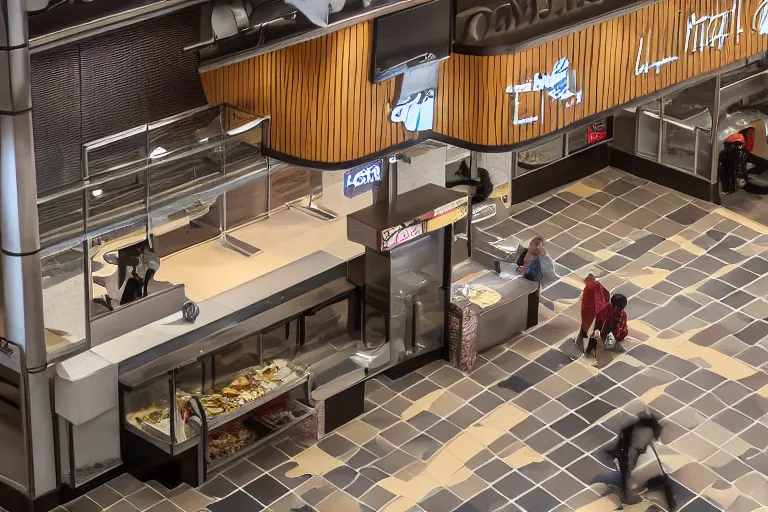 Image similar to overhead view, surveillance, a large adult tiger walking around inside of an empty fast food restaurant lobby