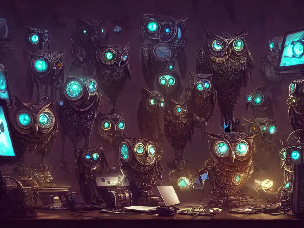 Image similar to an giant evil, malevolent, cyborg owls looking at a computer, surrounded by computer screens. steampunk, intricate, elegant, fantasy, highly detailed, digital painting, concept art, sharp focus, illustration, beautiful lighting, epic light, artstation, colorful, dramatic