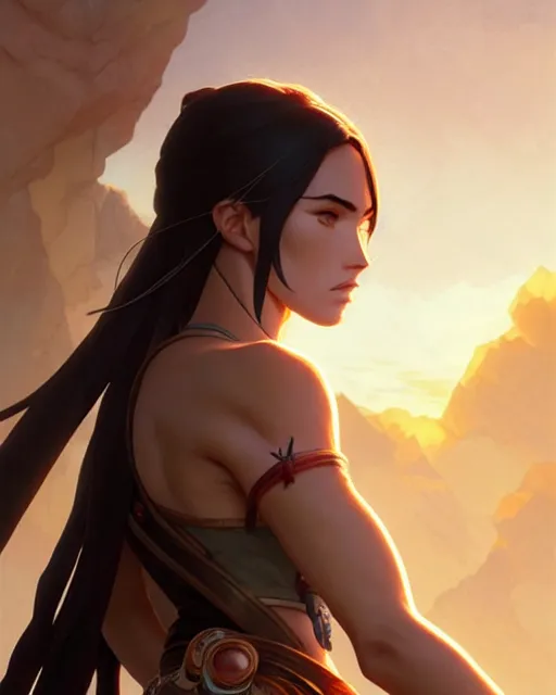 Image similar to azctec warrior, megan fox, detailed perfect face, exquisite details, fire magic, mid view, design on a white background, by studio muti, greg rutkowski makoto shinkai takashi takeuchi studio ghibli