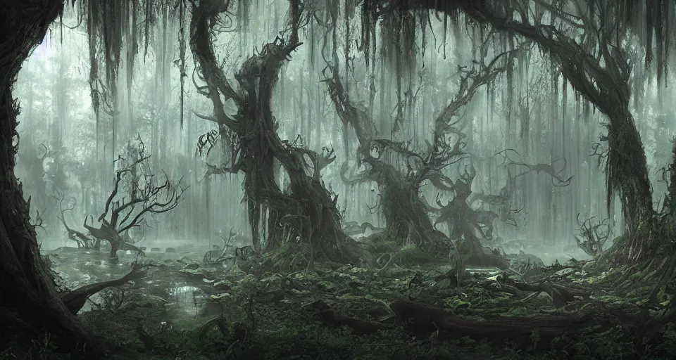 Image similar to A dense and dark enchanted forest with a swamp, by Blizzard Concept Artists