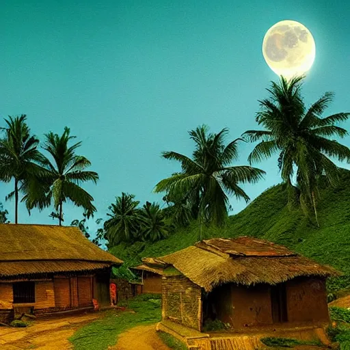 Prompt: a village in kerala at moonlight, hyperealistic, cinematic