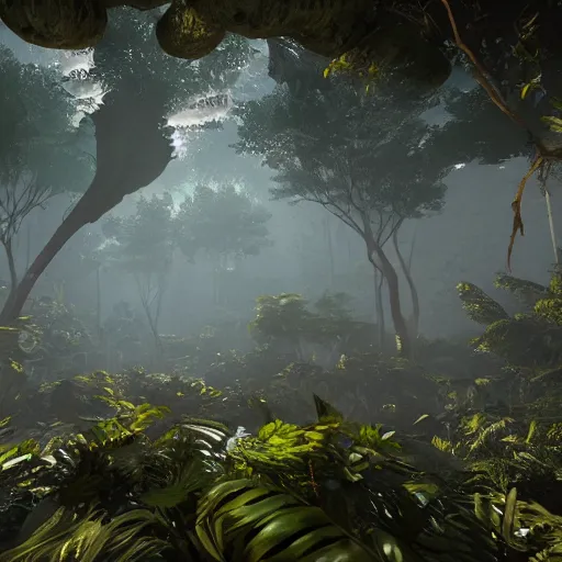 Image similar to «, dark jungle, far view, unreal engine 5, highly detailed, fantasy, crashed flying saucers »