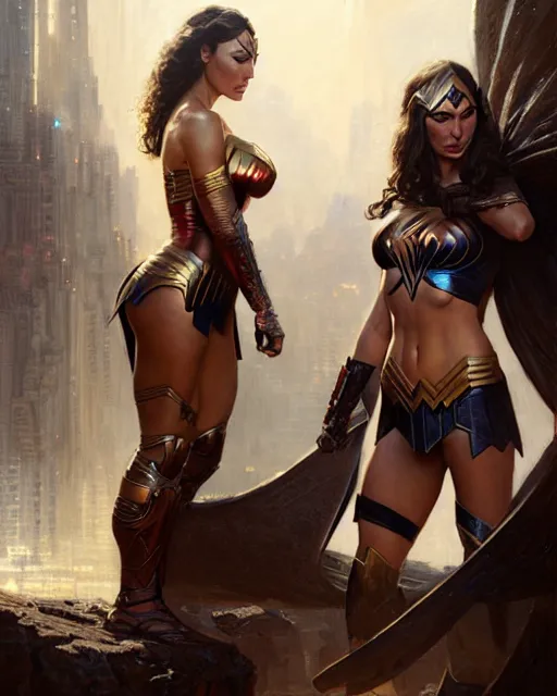 Image similar to lindsey pelas and gal gadot, character portrait, concept art, intricate details, highly detailed by greg rutkowski, gaston bussiere, craig mullins, simon bisley