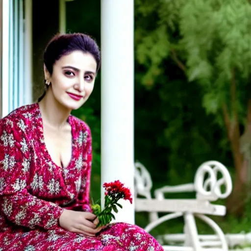 Image similar to a beautiful portrait of the turkish actress rabia soyturk, duy beni serial, sitting on the porch holding a flower, in front of the house