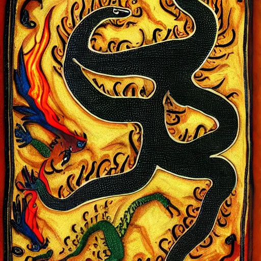 Image similar to salamander on fire in the style of a grotesque of an illuminated manuscript