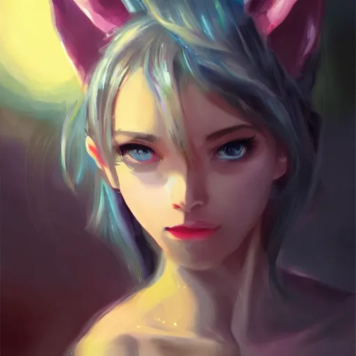 Prompt: Girl with cat ears painting, expressive oil painting, matte art, digital art, trending on artstation, anime style, beautiful lightning, atmospheric