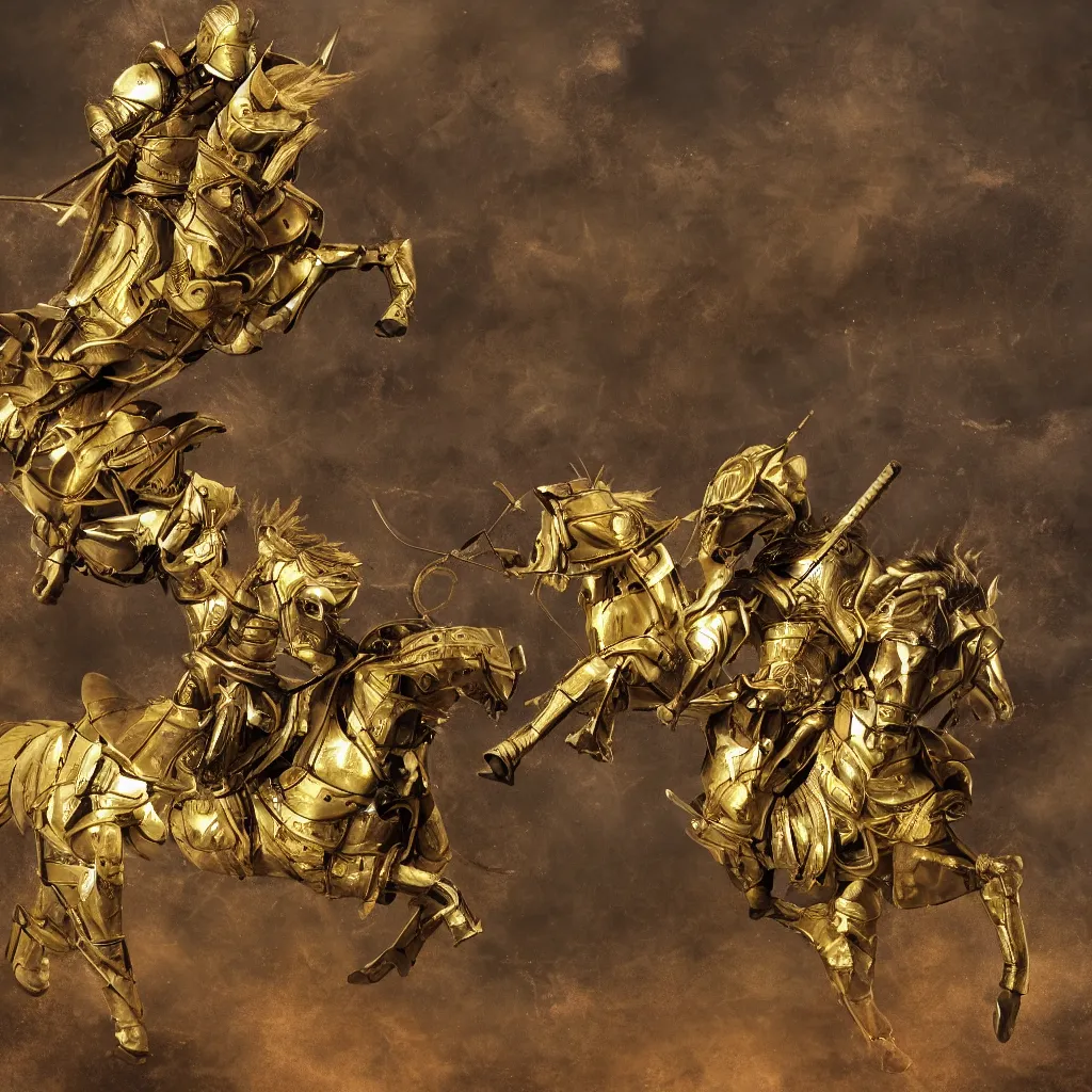 Prompt: a horse in golden armor and an armored knight with a spear riding on it, high resolution photo, dramatic