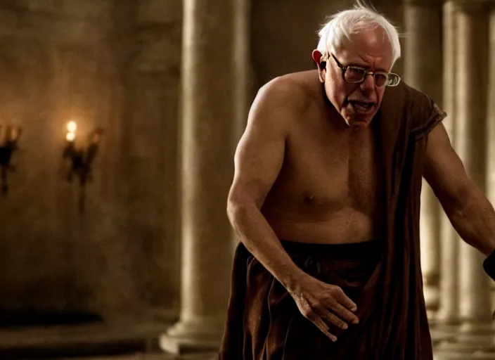 Prompt: film still of bernie sanders as leonidas in 3 0 0 movie, 8 k